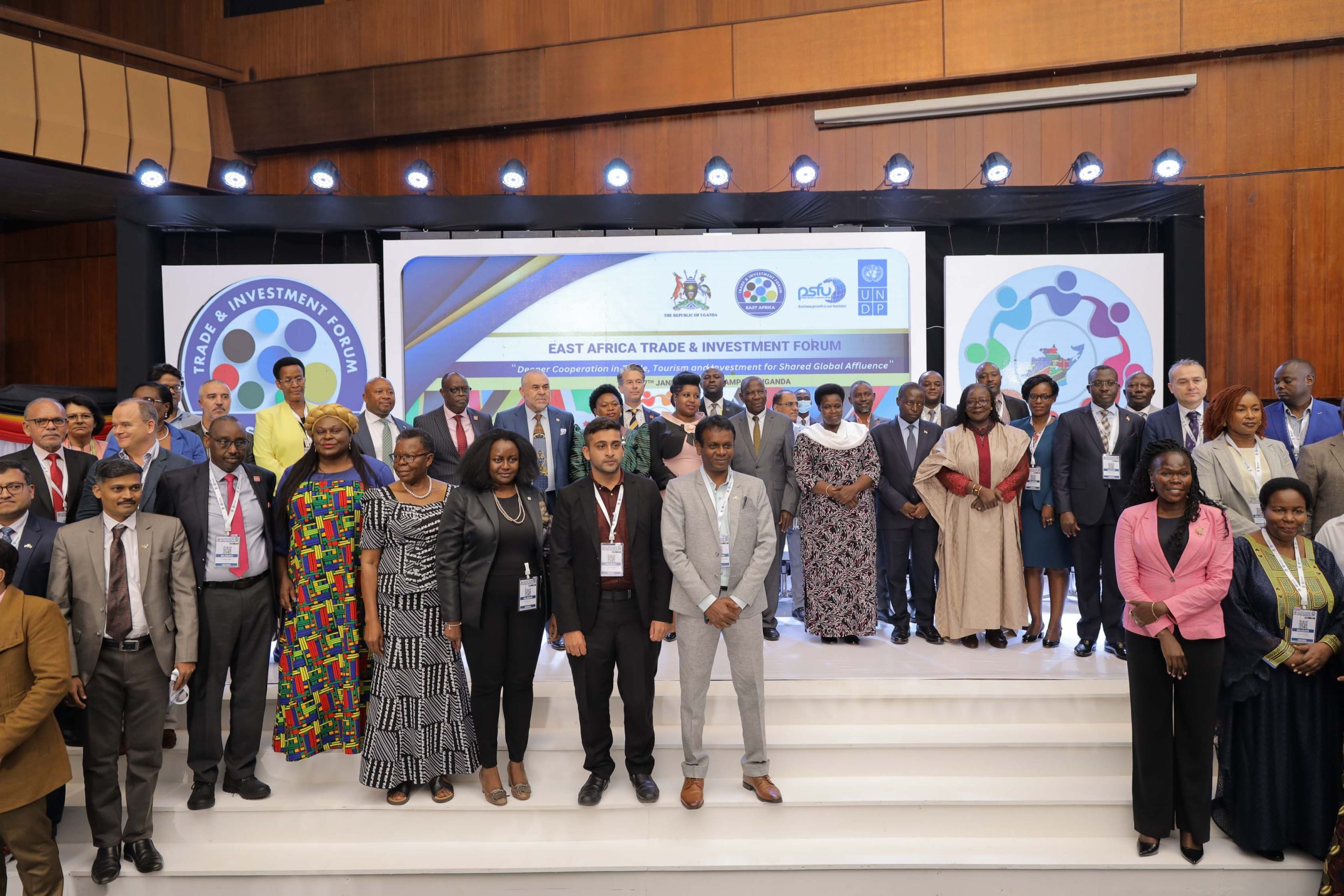 Delegates pose for a group photo with the Vice President of Uganda Jesca Alupo during the East Africa Trade and Investment Forum held at Kampala Serena hotel recently.